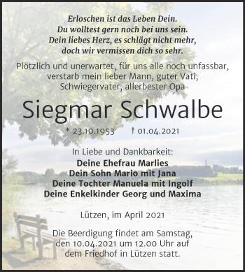 Traueranzeige von Siegmar Schwalbe von Mitteldeutsche Zeitung Weißenfels