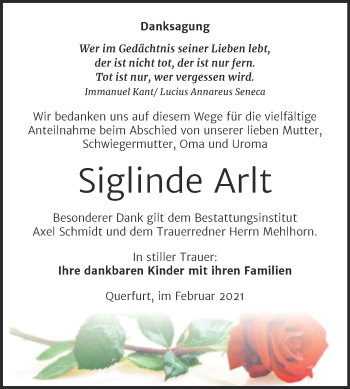Traueranzeige von Siglinde Arlt von Mitteldeutsche Zeitung Merseburg/Querfurt