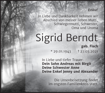 Traueranzeige von Sigrid Berndt von Mitteldeutsche Zeitung Dessau-Roßlau