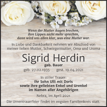 Traueranzeige von Sigrid Herdin von Wochenspiegel Naumburg/Nebra