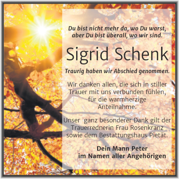 Traueranzeige von Sigrid Schenk von Mitteldeutsche Zeitung Bitterfeld