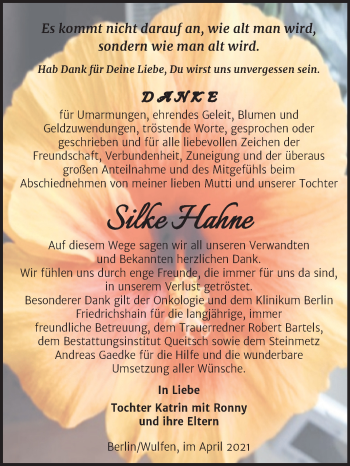 Traueranzeige von Silke Hahne von Mitteldeutsche Zeitung Köthen