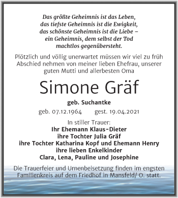 Traueranzeige von Simone Gräf von Mitteldeutsche Zeitung Mansfelder Land