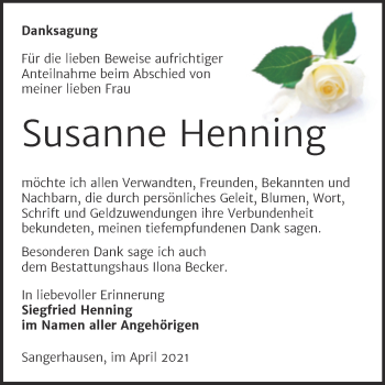 Traueranzeige von Susanne Henning von Mitteldeutsche Zeitung Sangerhausen