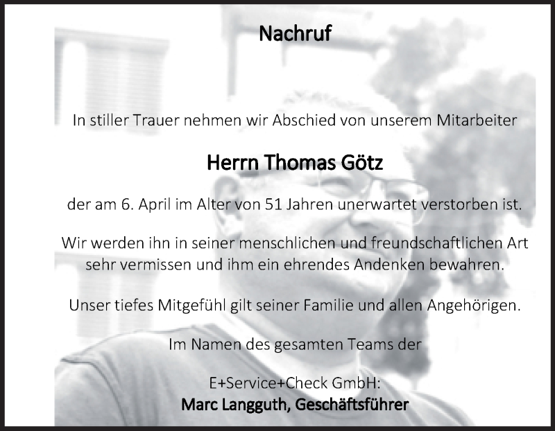  Traueranzeige für Thomas Götz vom 17.04.2021 aus Super Sonntag Merseburg/Querfurt