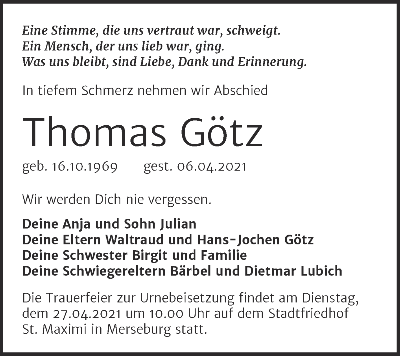 Traueranzeige für Thomas Götz vom 17.04.2021 aus Mitteldeutsche Zeitung Merseburg/Querfurt