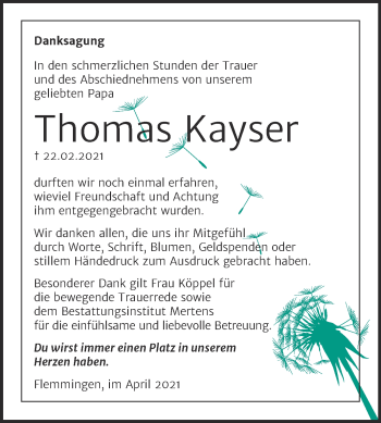 Traueranzeige von Thomas Kayser von Naumburger Tageblatt