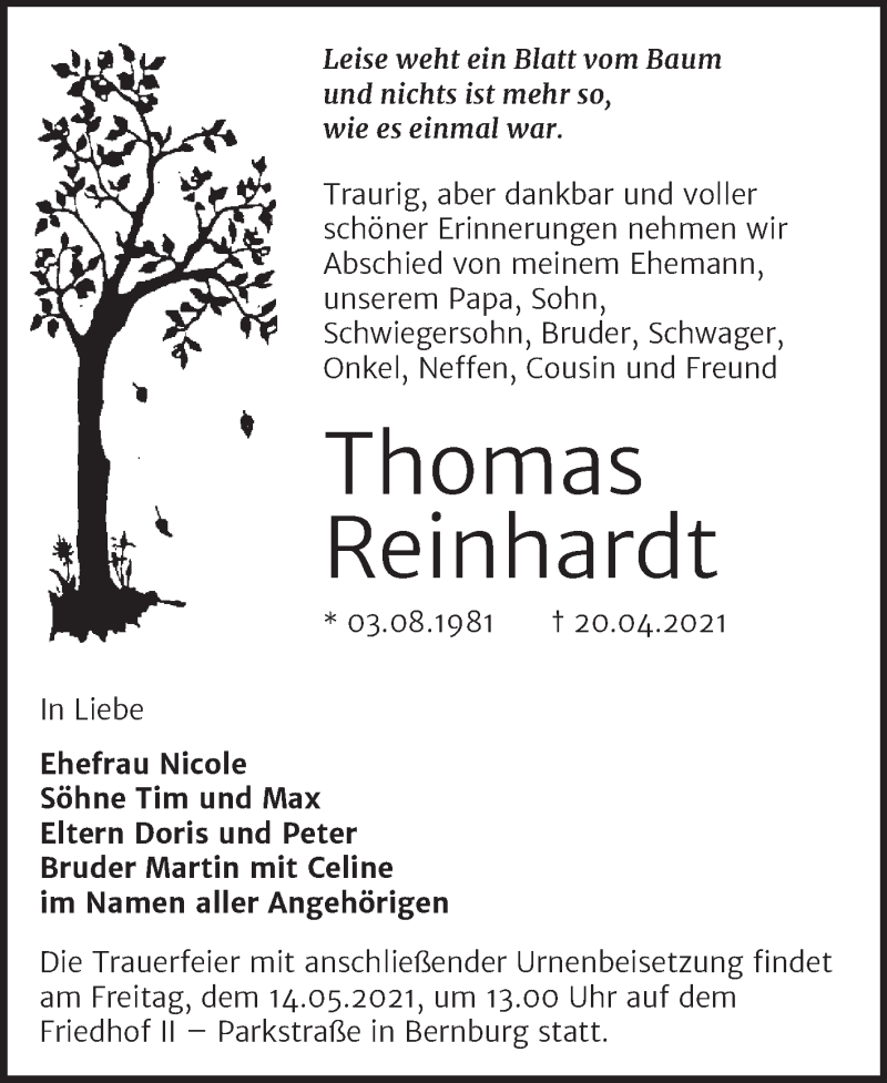  Traueranzeige für Thomas Reinhardt vom 30.04.2021 aus Trauerkombi Bernburg