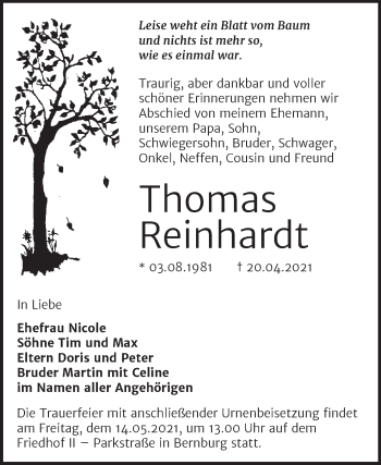 Traueranzeige von Thomas Reinhardt von Trauerkombi Bernburg