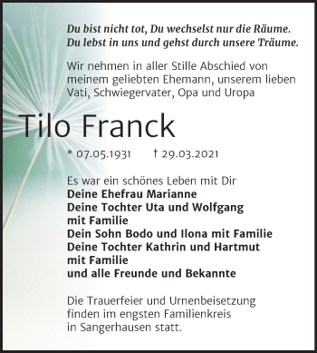 Traueranzeige von Tilo Franck von Mitteldeutsche Zeitung Sangerhausen