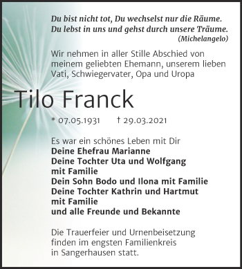 Traueranzeige von Tilo Franck von Mitteldeutsche Zeitung Merseburg/Querfurt