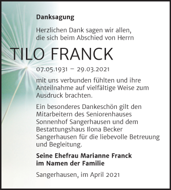Traueranzeige von Tilo Franck von Mitteldeutsche Zeitung Sangerhausen