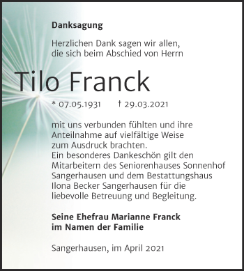 Traueranzeige von Tilo Franck von Trauerkombi Merseburg