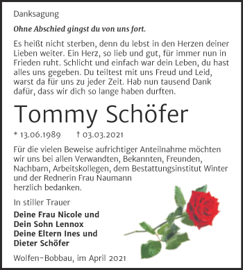 Traueranzeige von Tommy Schöfer von Mitteldeutsche Zeitung Bitterfeld