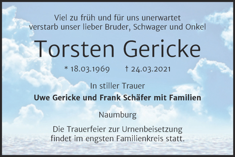  Traueranzeige für Torsten Gericke vom 07.04.2021 aus Wochenspiegel Naumburg/Nebra