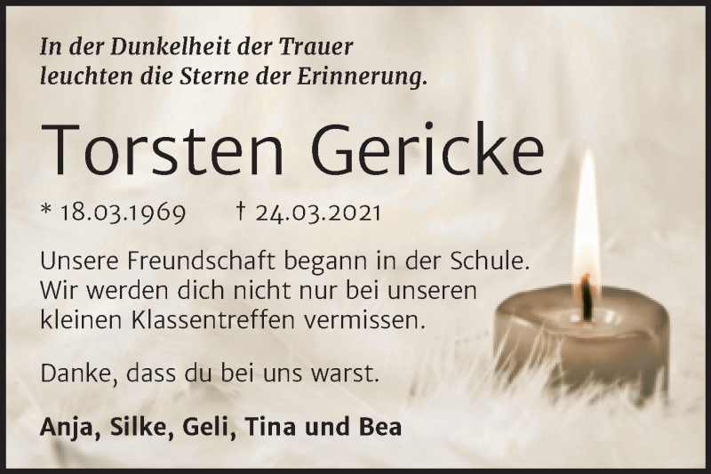  Traueranzeige für Torsten Gericke vom 03.04.2021 aus Super Sonntag Naumburg/Nebra