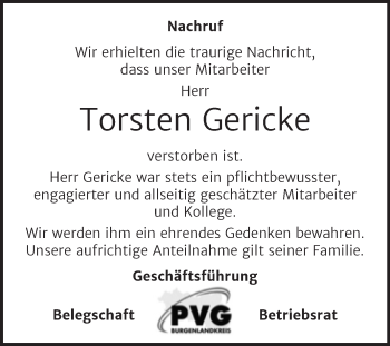 Traueranzeige von Torsten Gericke von Mitteldeutsche Zeitung Naumburg/Nebra