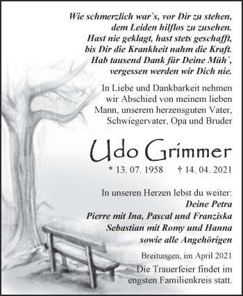 Traueranzeige von Udo Grimmer von Trauerkombi Sangerhausen