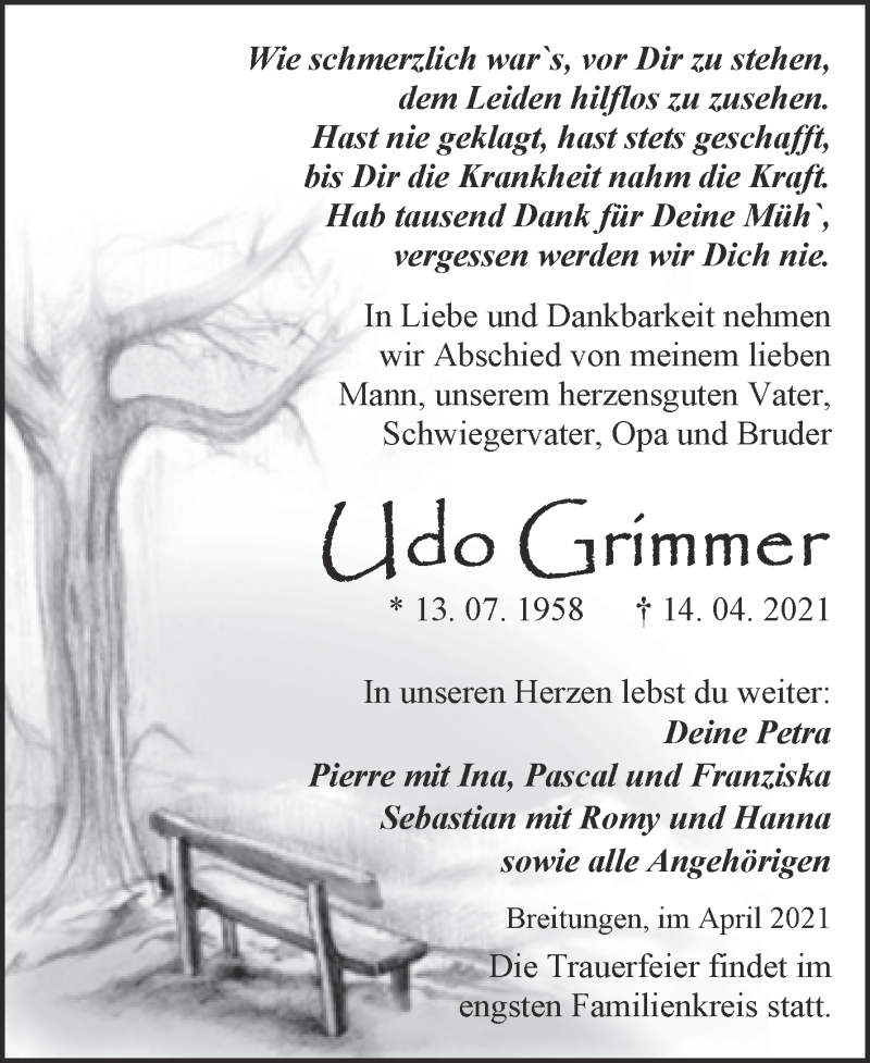  Traueranzeige für Udo Grimmer vom 30.04.2021 aus Trauerkombi Sangerhausen