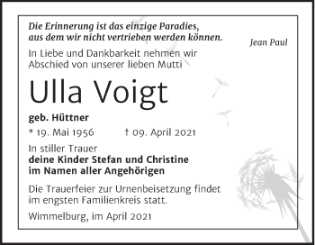 Traueranzeige von Ulla Voigt von Mitteldeutsche Zeitung Mansfelder Land