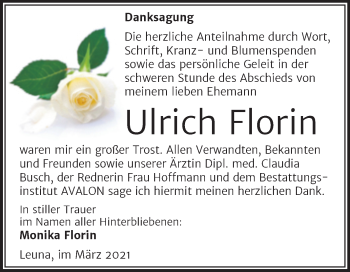 Traueranzeige von Ulrich Florin von Mitteldeutsche Zeitung Merseburg/Querfurt
