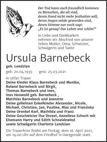 Traueranzeige von Ursula Barnebeck von Mitteldeutsche Zeitung Quedlingburg