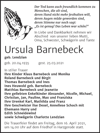 Traueranzeige von Ursula Barnebeck von Mitteldeutsche Zeitung Quedlingburg