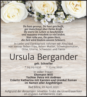 Traueranzeige von Ursula Bergander von Wochenspiegel Naumburg/Nebra