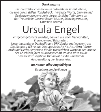 Traueranzeige von Ursula Engel von Trauerkombi Quedlinburg