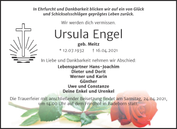 Traueranzeige von Ursula Engel von Mitteldeutsche Zeitung Quedlingburg