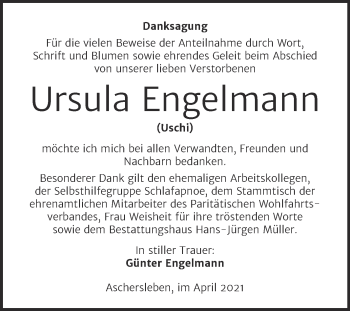 Traueranzeige von Ursula Engelmann von Mitteldeutsche Zeitung Aschersleben