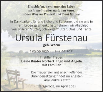 Traueranzeige von Ursula Fürstenau von Mitteldeutsche Zeitung Quedlingburg