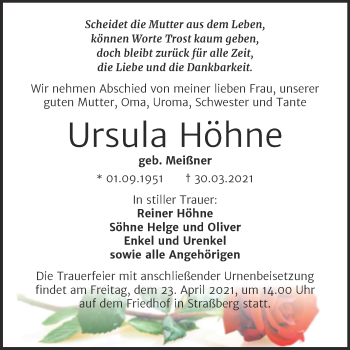 Traueranzeige von Ursula Höhne von Mitteldeutsche Zeitung Quedlingburg