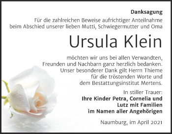 Traueranzeige von Ursula Klein von Naumburger Tageblatt