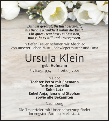 Traueranzeige von Ursula Klein von Mitteldeutsche Zeitung Naumburg/Nebra