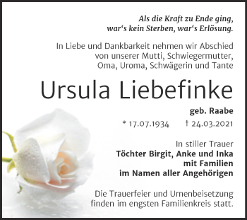 Traueranzeige von Ursula Liebefinke von Mitteldeutsche Zeitung Bernburg