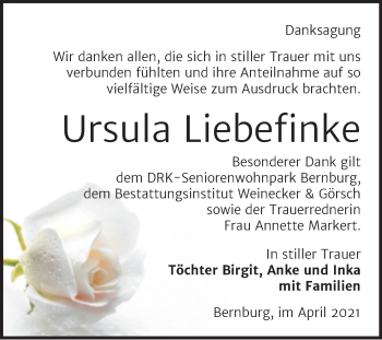 Traueranzeige von Ursula Liebefinke von Mitteldeutsche Zeitung Bernburg