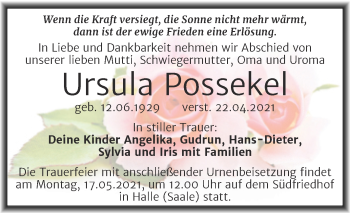 Traueranzeige von Ursula Possekel von Mitteldeutsche Zeitung Halle/Saalkreis