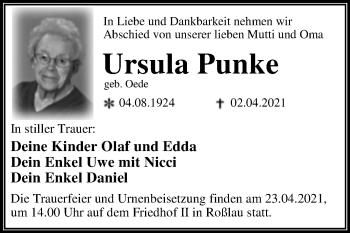 Traueranzeige von Ursula Punke von Mitteldeutsche Zeitung Dessau-Roßlau