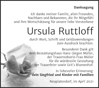 Traueranzeige von Ursula Ruttloff von Mitteldeutsche Zeitung Quedlingburg