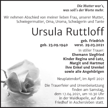 Traueranzeige von Ursula Ruttloff von Mitteldeutsche Zeitung Quedlingburg