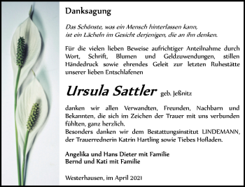 Traueranzeige von Ursula Sattler von Mitteldeutsche Zeitung Quedlingburg