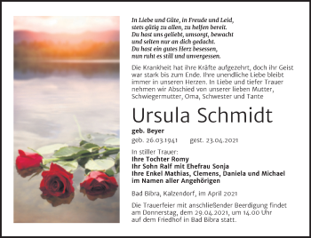 Traueranzeige von Ursula Schmidt von Naumburger Tageblatt