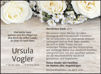 Traueranzeige von Ursula Vogler von Mitteldeutsche Zeitung Weißenfels