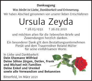 Traueranzeige von Ursula Zeyda von Mitteldeutsche Zeitung Bitterfeld