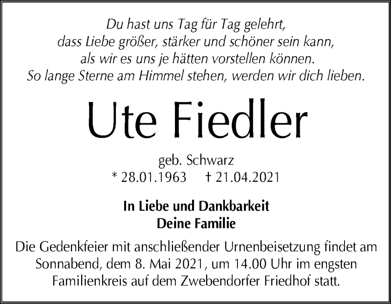  Traueranzeige für Ute Fiedler vom 24.04.2021 aus Mitteldeutsche Zeitung Halle/Saalkreis