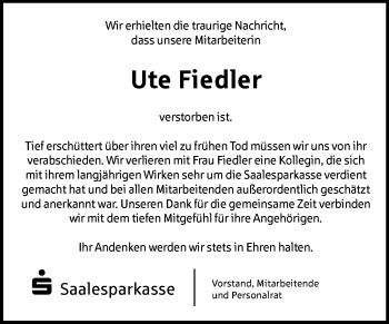 Traueranzeige von Ute Fiedler von Mitteldeutsche Zeitung Halle/Saalkreis