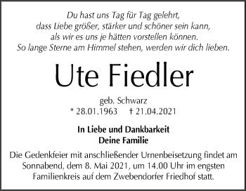 Traueranzeige von Ute Fiedler von Mitteldeutsche Zeitung Halle/Saalkreis