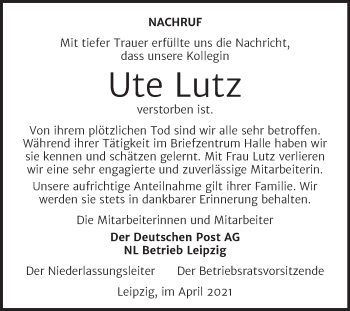 Traueranzeige von Ute Lutz von Mitteldeutsche Zeitung Halle/Saalkreis