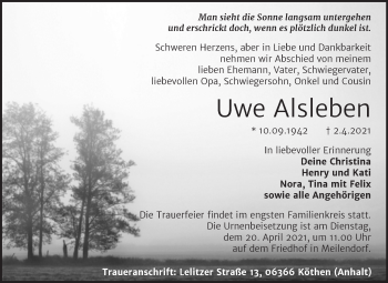 Traueranzeige von Uwe Alsleben von Mitteldeutsche Zeitung Köthen